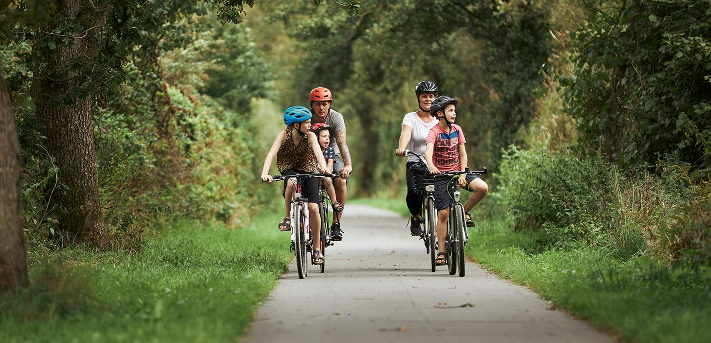 A family is on a bike ride along Bindeballestien on a summer day