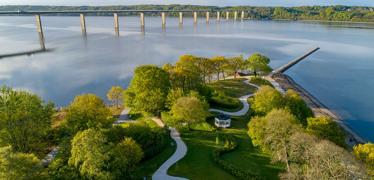  Skyttehushaven and the Vejlefjord Bridge seen from above as an aerial photo