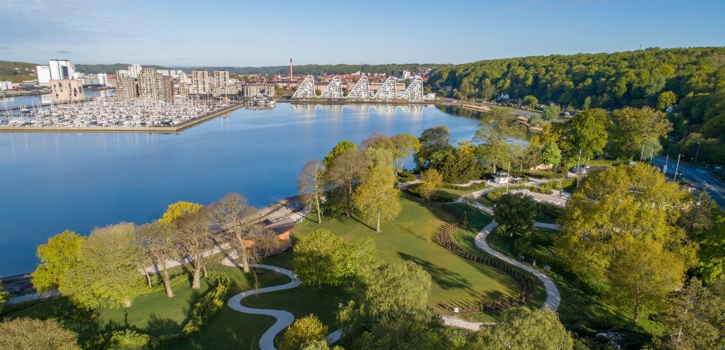 Drone image over Skyttehushaven, Vejle Fjord and the harbor front with Bølgen and Fjordenhus