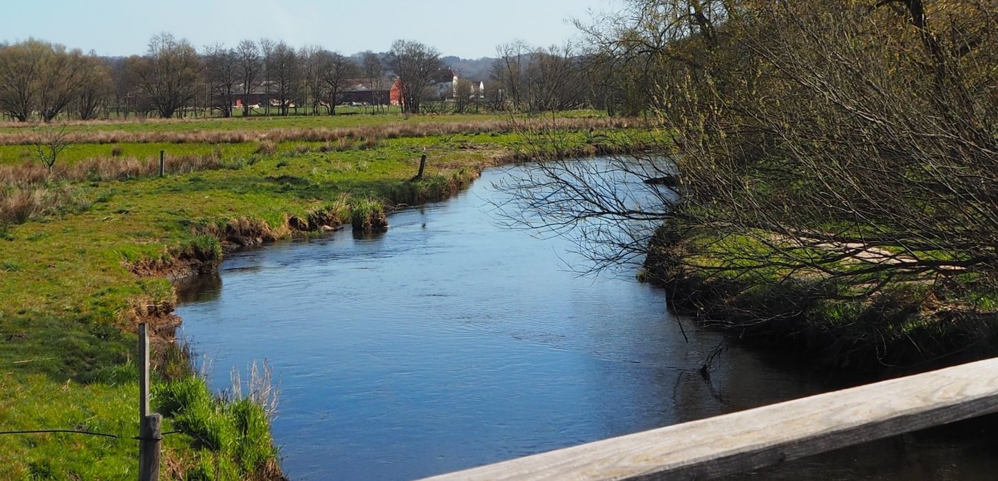 Vejle Ådal og Haraldskær Avlsgård set fra bro over Vejle Å