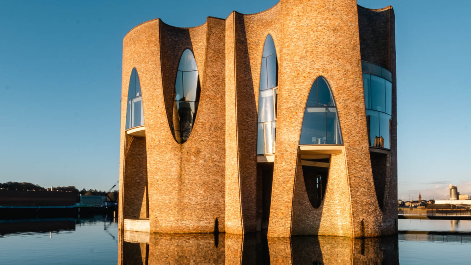 Fjordenhus in Vejle with sunset