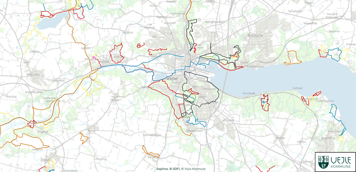 Map of hiking routes at udeliv.vejle.dk