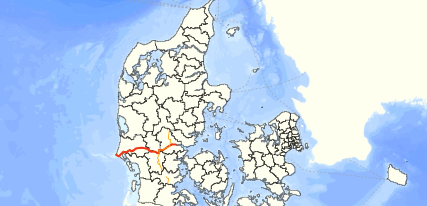 Kort over Kyst til Kyst Stien i Jylland - fra Vejle til Blåvands Huk