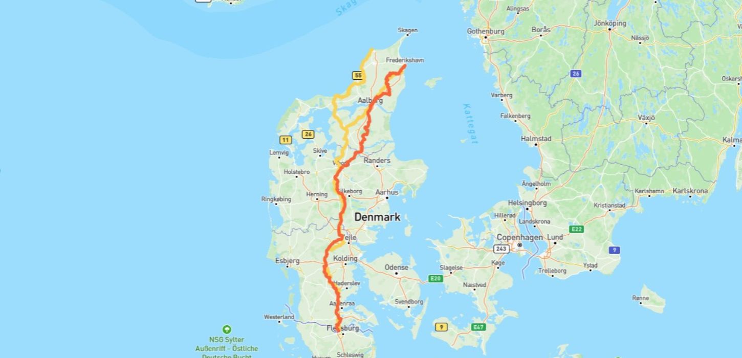 Kort over Hærvejens vandre- og cykelrute